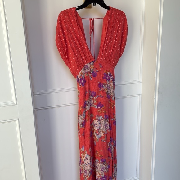 Free People Juniper V Neck Maxi Dress Floral Polka Dot Empire Waist X-LARGE - Picture 5 of 14